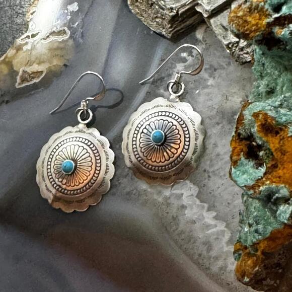 Native American Sterling Turquoise Dot Flower Concho Dangle Earrings For Women - Picture 4 of 10